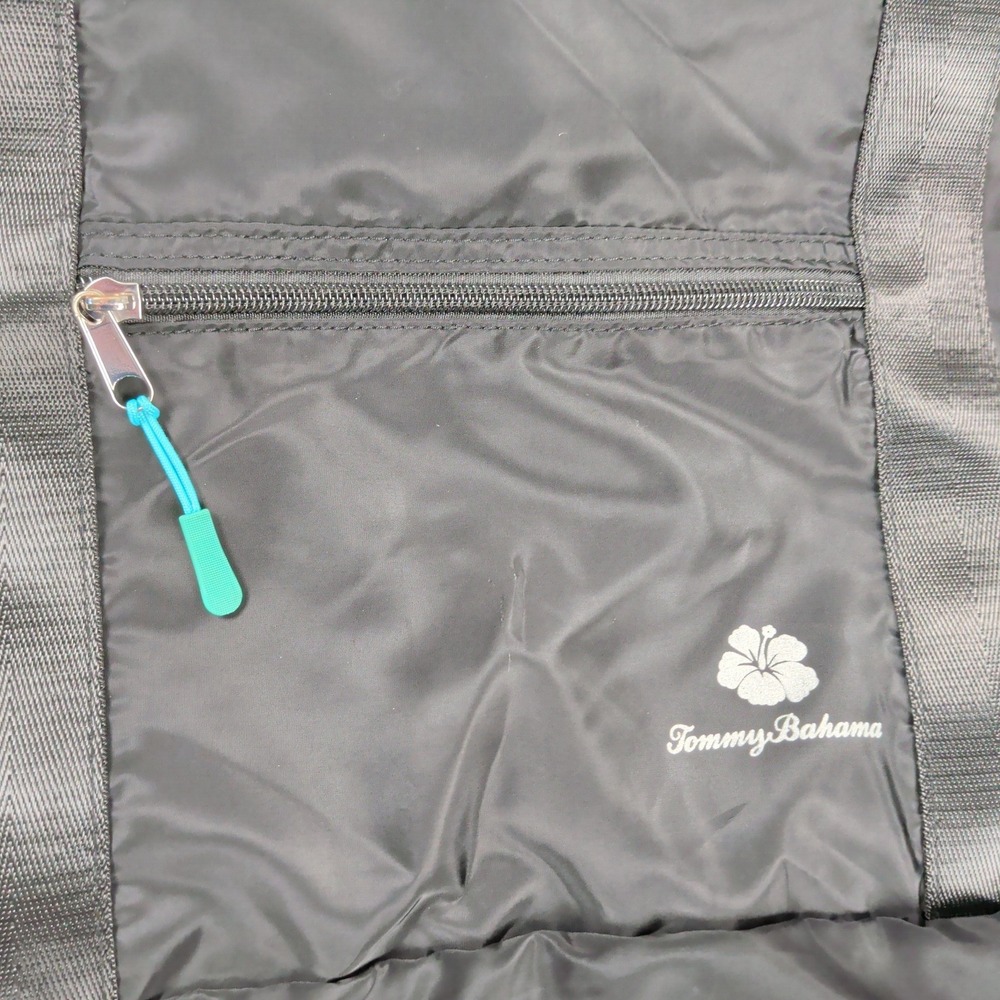Tommy Bahama Black Packable Tote Bag Teal Interior Removable Pouch Travel - Picture 2 of 8